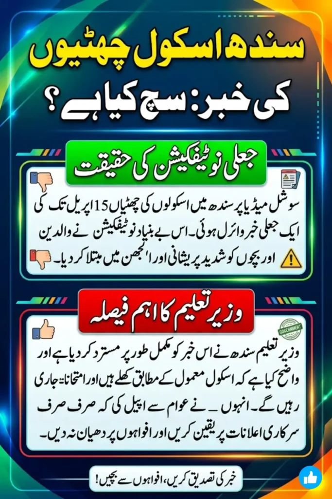 Sindh School Holidays Extension News 2026: Minister Rejects Fake Notification Circulating Online