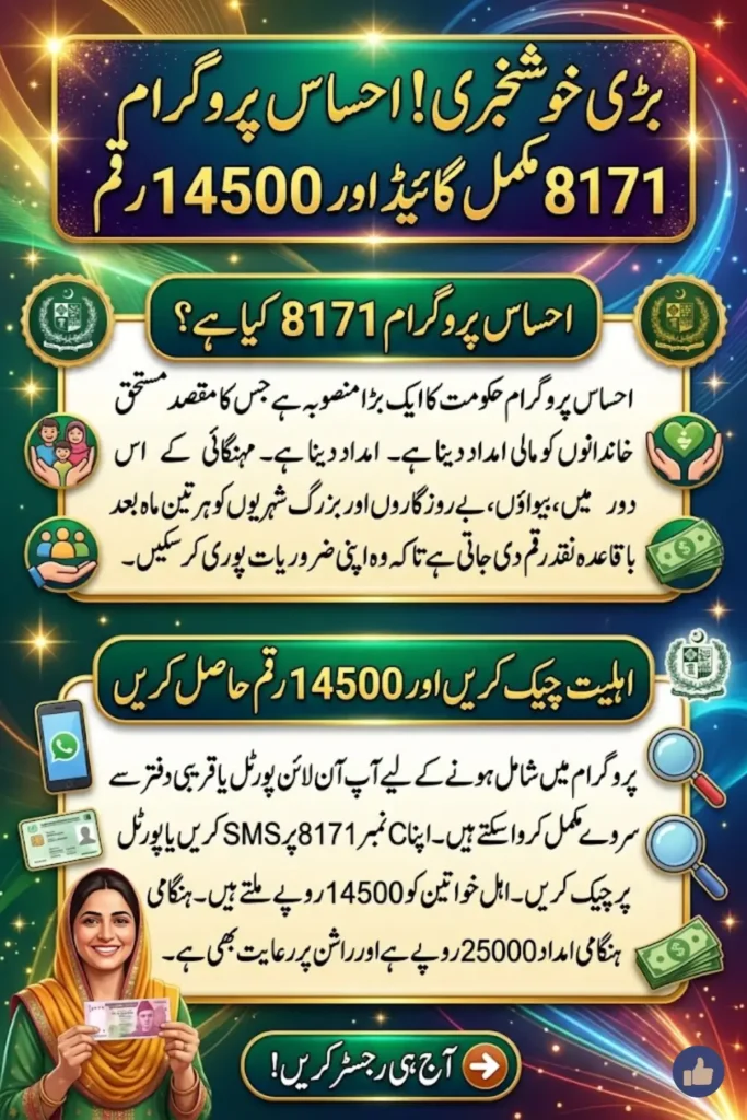 احساس پروگرام 8171 آن لائن رجسٹریشن 2026 اہلیت چیک، BISP 8171 پورٹل اور 14500 رقم مکمل گائیڈ
