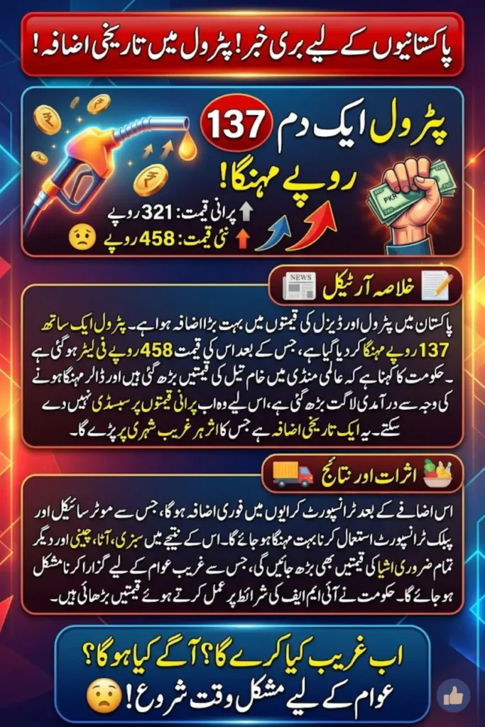 پاکستان میں پٹرول 137 روپے مہنگا، نئی قیمت 458 روپے تک پہنچ گئی